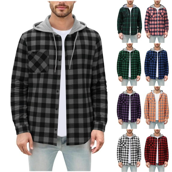 LODIENY Flanned Plaid Shirts for Men Casual Button Down Long Sleeve Drawstring Hoodie Tops Lightweight Regular Fit Cotton T-Shirts with Pockets Dark Gray XXL