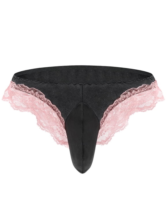 Frilly Lace Floral Bulge Pouch Thong Panties for Men Maid Cosplay Crossdress Lingerie Briefs Underwear Black Free Size