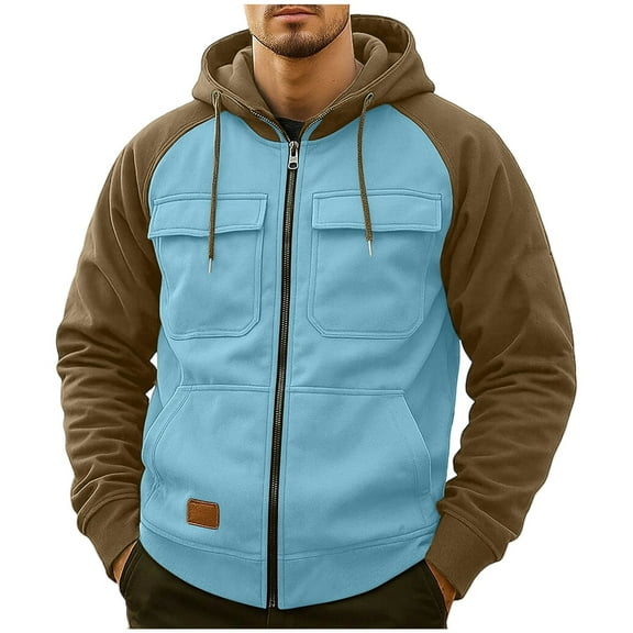 LODIENY Full Zip up Hoodie Jackets for Men Casual Drawstring Long Sleeve Hooded Outwear Coat Trendy Fall Winter Oversized Baggy Pullover Sweatshirts with Multi-Pockets Light Blue XXXL