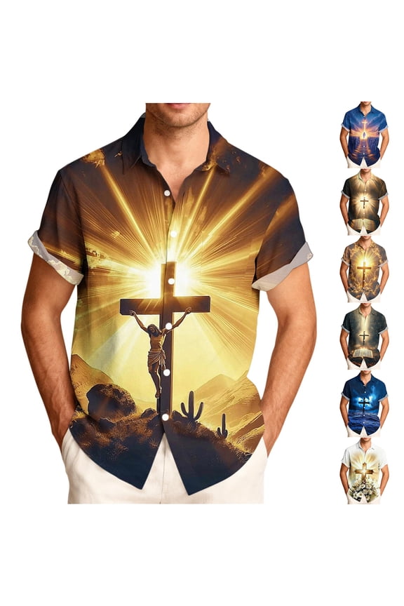 Hawaiian Shirts for Men Fashion Christian Cross Graphic Short Sleeve Casual Button Down T-Shirt Novelty Printed Shirts Religious Tops Blue XXL