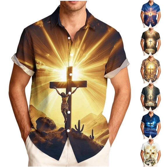 LODIENY Hawaiian Shirts for Men Fashion Christian Cross Graphic Short Sleeve Casual Button Down T-Shirt Novelty Printed Shirts Religious Tops Dark Blue XXXXL