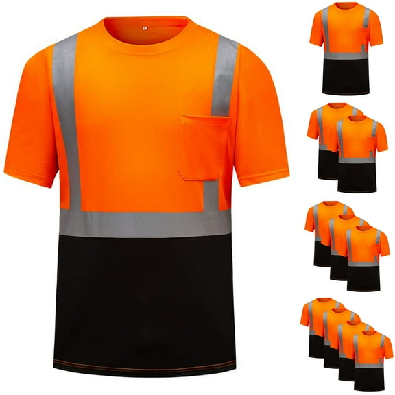 LODIENY High Visibility Shirts for Men Class 3 Hi Vis Reflective Safety Construction Shirts for Men Women, Short Sleeve Work Shirts with Black Bottom, Durable, Breathable Pack of 1-Orange M