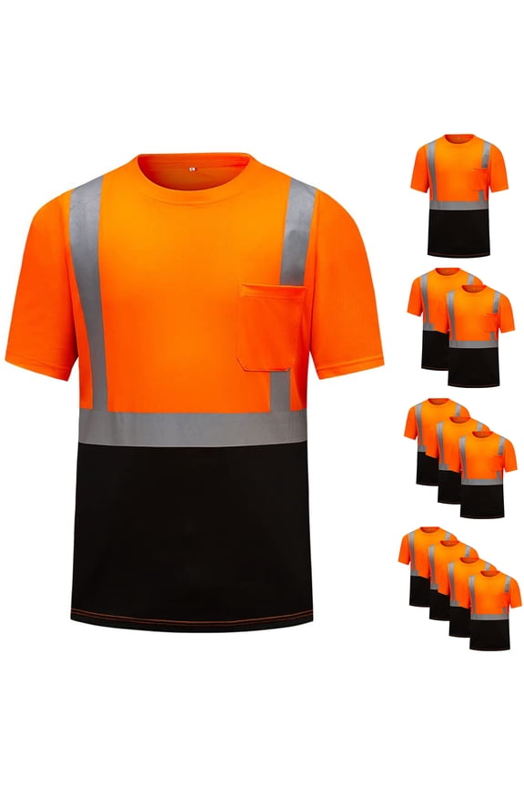 High Visibility Shirts for Men Class 3 Hi Vis Reflective Safety Construction Shirts for Men Women, Short Sleeve Work Shirts with Black Bottom, Durable, Breathable Pack of 4-Orange XL