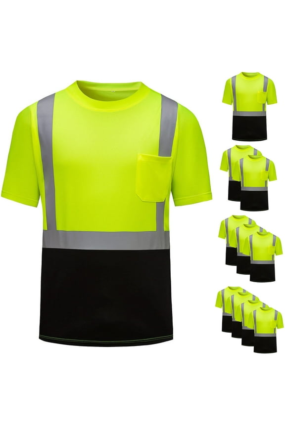 High Visibility Shirts for Men Class 3 Hi Vis Reflective Safety Construction Shirts for Men Women, Short Sleeve Work Shirts with Black Bottom, Durable, Breathable Pack of 4-Green L