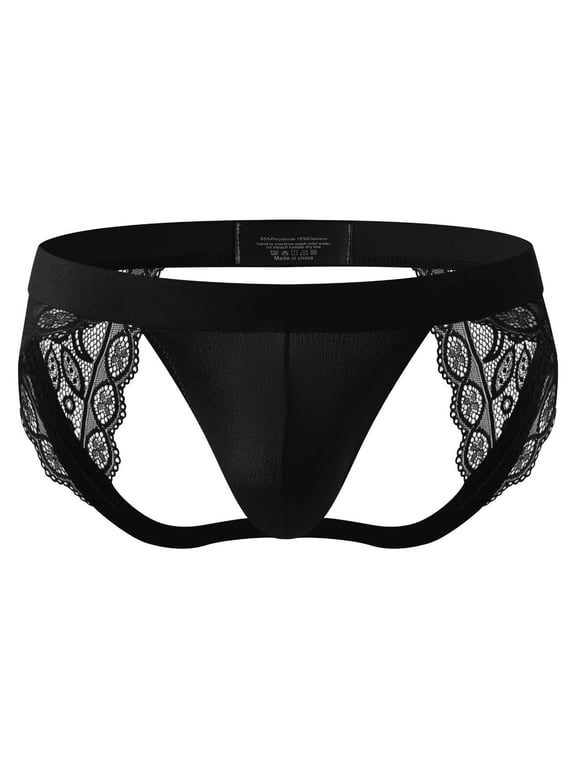 Lace Briefs Underwear for Men Low Rise Mesh See Through Bulge Pouch Silky Underpants Black L