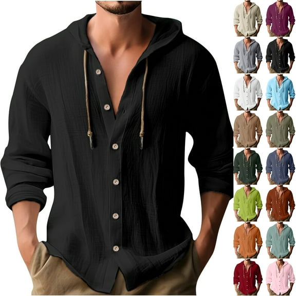 LODIENY Lightweight Hoodie T-Shirts for Men Casual Drawstring Long Sleeve Cotton Linen Button Hooded Pullover Tops Loose Regular Fit Beach Hippie Shirt Black S