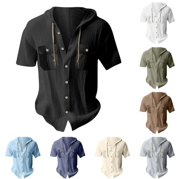 LODIENY Lightweight Linen Hoodie T-Shirts for Men Casual Summer Short Sleeve Drawstring Button Down Hooded Tops Trendy Athletic Cotton Tees Shirt with Pockets Brown M
