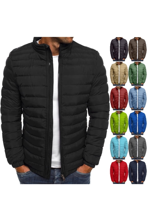Lightweight Down Puff Jackets for Men Full Zip up Stand Collar Winter Long Sleeve Outdoor Warm Quilted Padded Outwear Coat with Pockets Navy XL