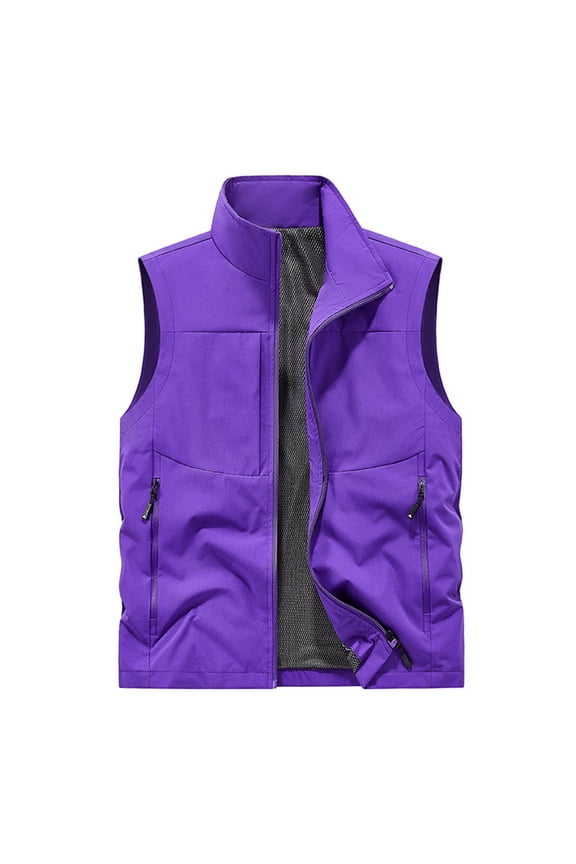 Lightweight Softshell Vest for Men with Multi Pockets Zip Up Mock Neck Windproof Sleeveless Tops for Golf Running Hiking Outerwear Purple XXL