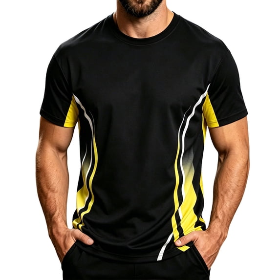 LODIENY Men Baggy Quick Dry Athletic Shirts Short Sleeve Crew Neck Color Block Tees Lightweight Breathable Regular Fit Tops Yellow M