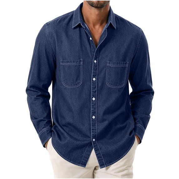 LODIENY Men Button Up Denim Shirts with Two Pockets Long Sleeve Collared Shirt Vintage Cowboy Work Blouses for Men Dark Blue XL