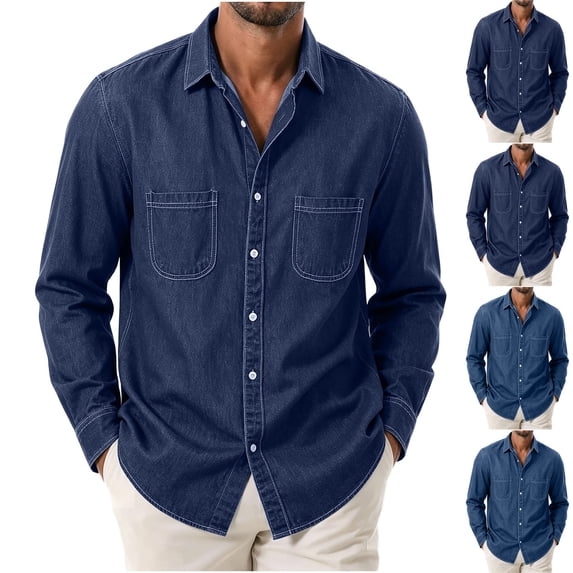 LODIENY Men Button Up Denim Shirts with Two Pockets Long Sleeve Collared Shirt Vintage Cowboy Work Blouses for Men Light Blue L