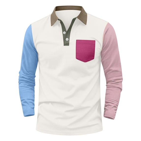 LODIENY Men Casual Golf Shirts Long Sleeve Button Down Contrast Slim Fit Shirt Collared Fall Stylish Business Tops with Pocket White XXXL
