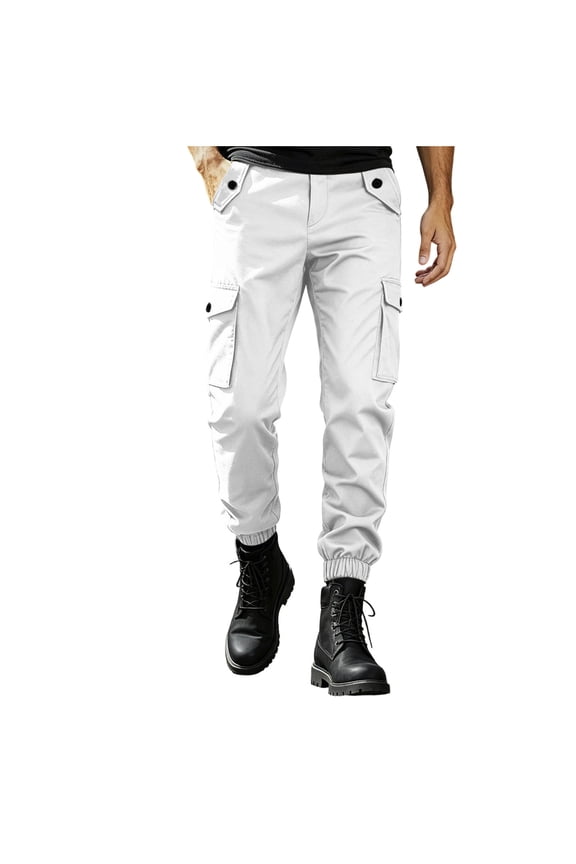 Men Casual Tapered Cargo Pants Lightweight Elastic Waist Classic Fit Hiking Outdoor Sweatpants with Flap Pockets White S