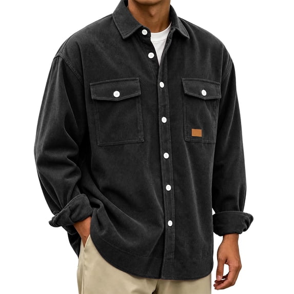 LODIENY Men Corduroy Shirt Jacket Casual Work Button Down Long Sleeve Vintage Regular Fit Shirts with Two Flap Pockets Black S