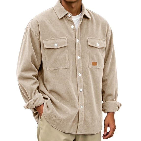 LODIENY Men Corduroy Shirt Jacket Casual Work Button Down Long Sleeve Vintage Regular Fit Shirts with Two Flap Pockets Khaki XXL