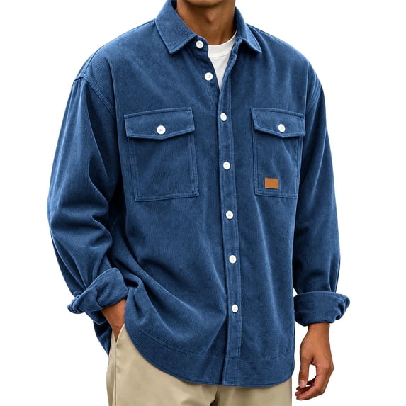 LODIENY Men Corduroy Shirt Jacket Casual Work Button Down Long Sleeve Vintage Regular Fit Shirts with Two Flap Pockets Navy XXXL