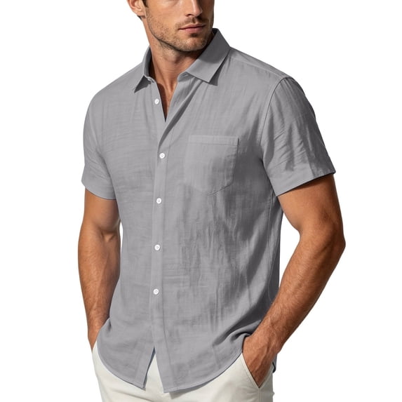 LODIENY Men Cotton Linen Button Down Shirts Casual Short Sleeve Collared Shirt Summer Beach Wedding Tops with Pocket Gray XXXL