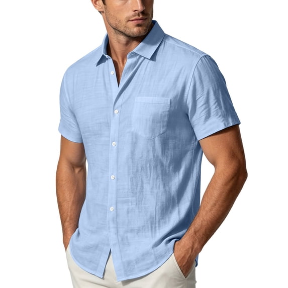 LODIENY Men Cotton Linen Button Down Shirts Casual Short Sleeve Collared Shirt Summer Beach Wedding Tops with Pocket Light Blue L