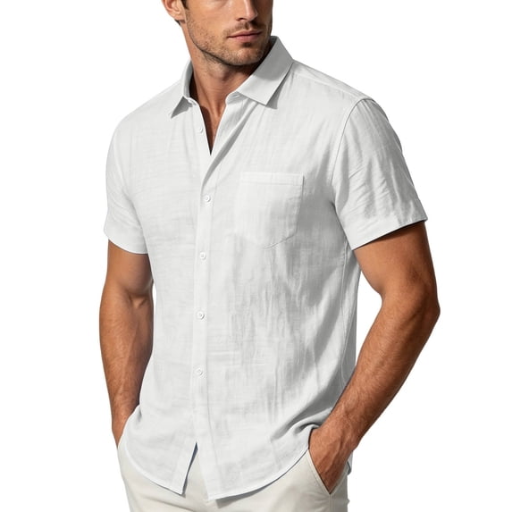 LODIENY Men Cotton Linen Button Down Shirts Casual Short Sleeve Collared Shirt Summer Beach Wedding Tops with Pocket White S