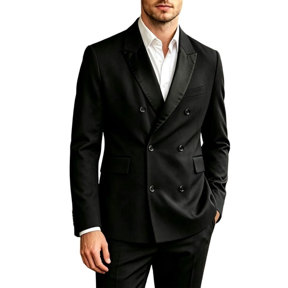 LODIENY Men Double Breasted Blazer Slim Fit Contrast Lapel Collar Elegant Fashion Suit Jackets with Pockets for Dress Wedding Business Black XL