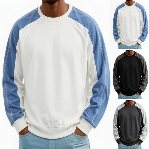 LODIENY Men Fall Crew Neck Sweatshirts Raglan Long Sleeve Color Block Casual Shirt Classic Fit Casual Fashion Athletic Shirts White S