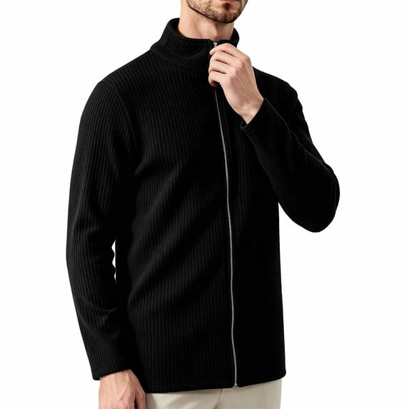LODIENY Men Full Zip Cardigan Sweater Stand Collar Regular Fit Ribbed Knit Thermal Sweaters Long Sleeve Baggy Casual Fall Winter Outfits Black M