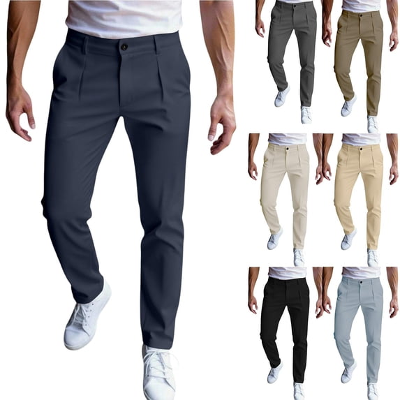 LODIENY Men Golf Dress Pants Stretch Slim Fit Casual Trouser Button Waist Slacks for Men Straight Leg Lightweight Trousers with Pockets Beige XL