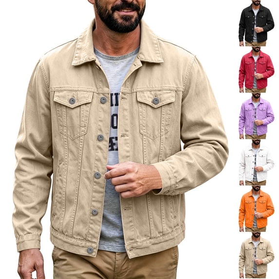 LODIENY Men Large Size (M-5XL) Casual Classic Denim Jacket Slim Fit Fashion Going Out Jean Coat Distressed Long Sleeve Button Down Collared Jackets with Chest Pockets Orange L