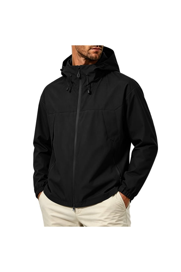 Men Lightweight Hooded Softshell Jacket for Running Travel Hiking Windproof Drawstring Outerwear Full Zip Water Repellent Coats with Zipper Pockets Black XXL