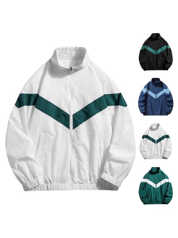 Men Varsity Jacket Zip Up Color Block Breathable Windbreaker Jackets Long Sleeve Stand Neck Relaxed Fit Streetwear Coats with Pockets Green M