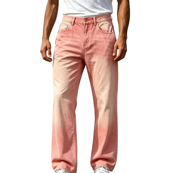 LODIENY Men Wide Leg Baggy Jeans Y2k Casual Loose Fit Washed Denim Pants Streetwear Work Office Hip Hop Vintage 2000s Jean Trousers with Pockets Pink XS