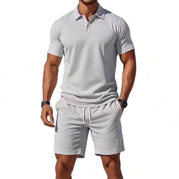 LODIENY Men's 2 Piece Outfits Shirts and Shorts Set Short Sleeve Collared Tracksuits Casual Lightweight Athletic Joggers Summer Outfits Gray L