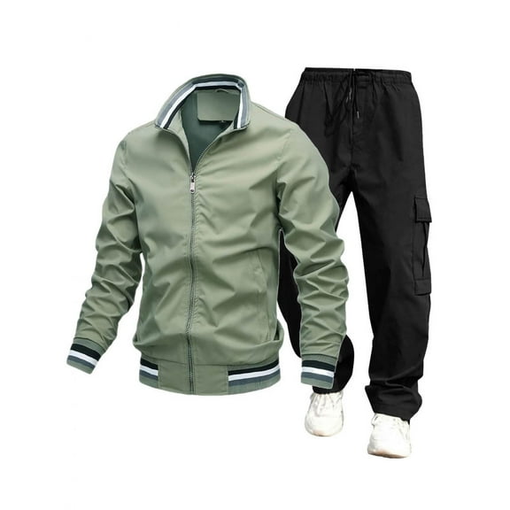 LODIENY Men's Athletic 2 Pieces Tracksuit Casual Long Sleeve Full Zip up Bamber Jackets and Cargo Pants Fall Workout Running Sports Sweatsuit Set Green#01 L