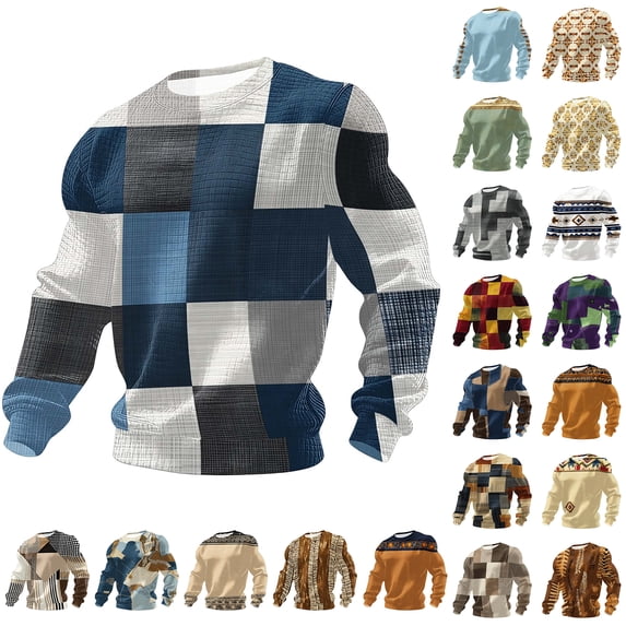 LODIENY Men's Aztec Ethnic Style Western Shirts Vintage Printed Long Sleeve Waffle Knit Crew Neck Basic Sweater Tops Lightweight Workout Sweatshirts Multicolor#04 M