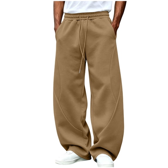 LODIENY Men's Baggy Barrel Sweatpants Wide Leg Elastic Drawstring Waist Casual Seams Joggers Trousers with Pockets Khaki M