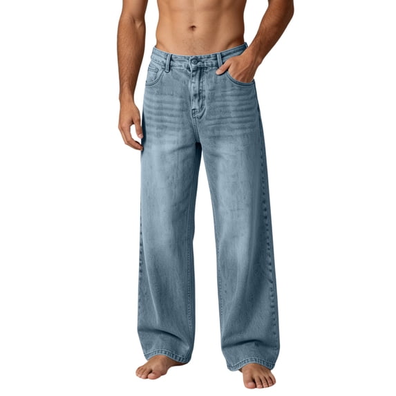 LODIENY Men's Baggy Jeans Y2K Vintage Straight Wide Leg Denim Pants Hip Hop Skater Loose Fit Streetwear Trousers with Pockets Light Blue XXXL