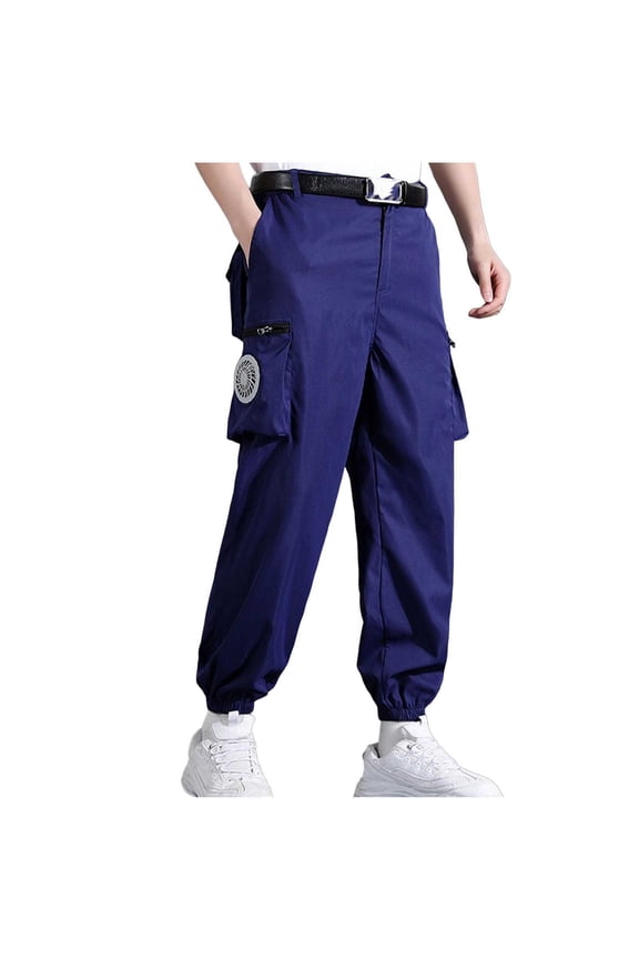 Men's Belted Cooling Cargo Pants with Zipper Fans Pockets Temp Control Big and Tall (M-4XL) Tapered Trousers for Casual Summer Hiking Outdoor Blue M