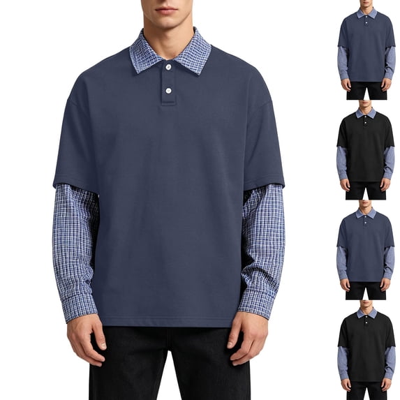 LODIENY Men's Big and Tall (M-5XL) Plaid Faux Layered Shirt Button Down Collared Long Sleeve Fashion Tops Relaxed Fit Casual Vintage Fall Shirts Navy L