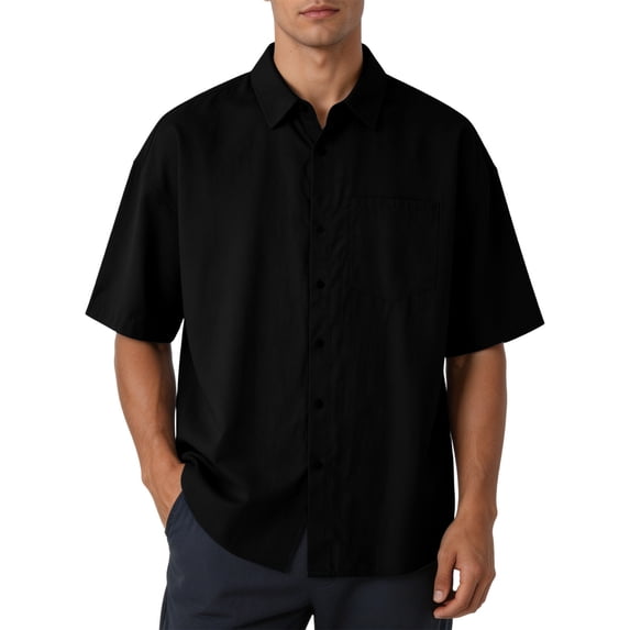 LODIENY Men's Button Down Half Sleeve Shirts Loose Fit Casual Summer Beach Shirt Lightweight Collared Tops with Pocket Black XXL