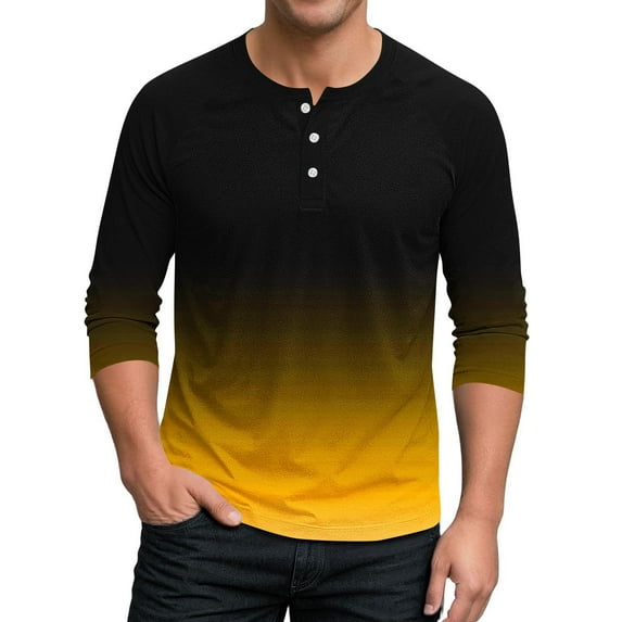 LODIENY Men's Casual Henley Shirts Fall Color Block Printed 3/4 Length Sleeve Casual Basic Button Crewneck T Shirt Soild Athletic Tee Tops Yellow M