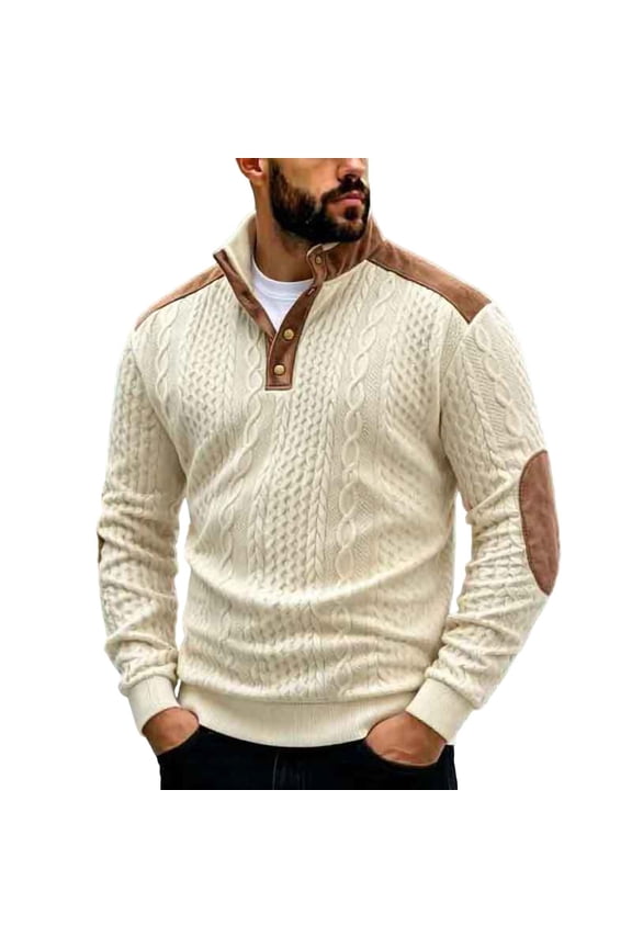 Men's Casual Knitted Sweater Stand Collar Patchwork Vintage Button Warm Sweaters Elbow Patches Long Sleeve Lightweight Soft Fit Fall Winter Sweatshirt Khaki S