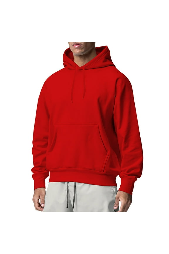 Men's Cotton Casual Solid Color Hoodies Sweatshirts Fashion Long Sleeve Drawstring Hooded Pullover Lightweight Hoodie Tops with Pockets Red XL