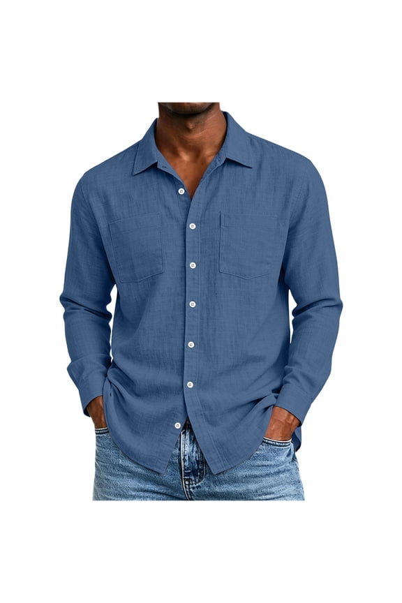Men's Cotton Linen Long Sleeve Shirts Casual Lightweight Button Down Collared Shirt Beach Vacation Summer Tops with Two Pockets Navy L