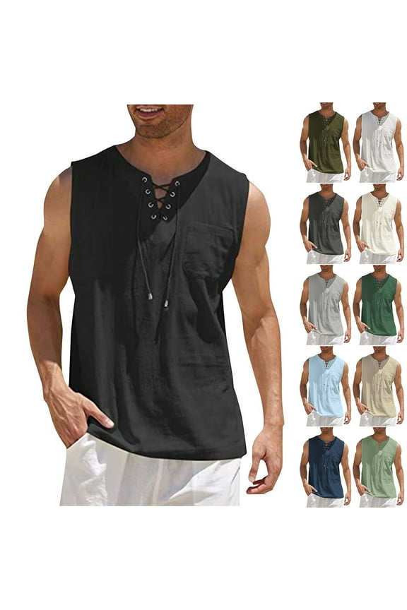 Men's Cotton Linen Tank Top Shirts Casual Drawstring V Neck Hollow out Sleeveless Lace Up Beach Hippie Tops Bohemian Renaissance Tunic Shirts with Pockets Gray L