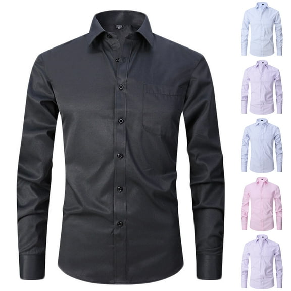 LODIENY Men's Dress Shirts Solid Long Sleeve Stretch Wrinkle-Free Formal Shirt Business Casual Button Down Collared T-Shirts with Pockets White XXL