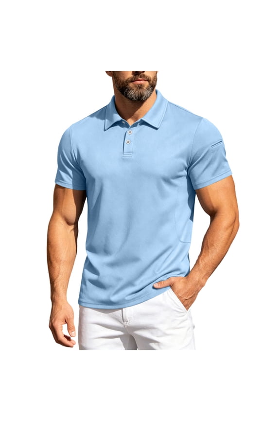 Men's Golf Shirts Moisture Wicking Quick Dry Performance Shirt Short Sleeve Collared Button Down Slim Fit Athletic Tops Light Blue S