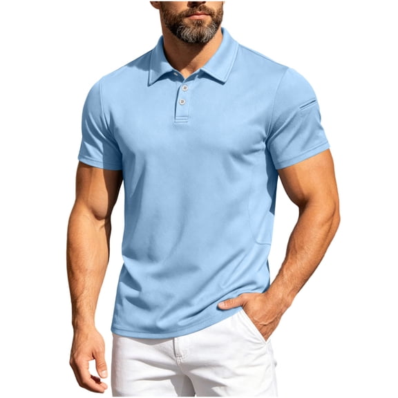 LODIENY Men's Golf Shirts Moisture Wicking Quick Dry Performance Shirt Short Sleeve Collared Button Down Slim Fit Athletic Tops Light Blue XXXL