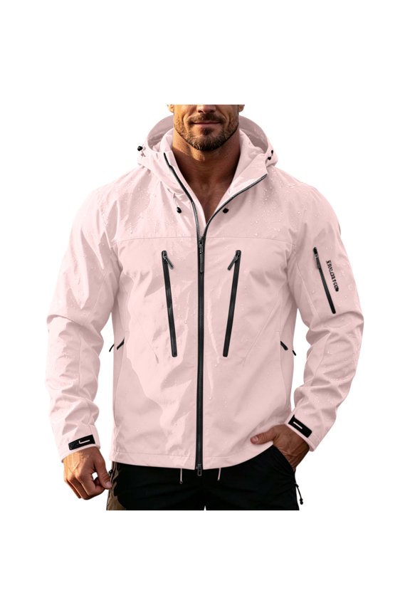 Men's Hooded Softshell Jacket Lightweight Water Resistant Windproof Breathable Outdoor Hiking Coat with Multi Zipper Pockets Pink M