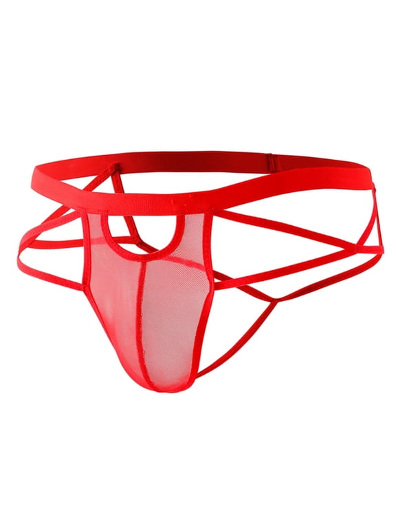 Men's Jockstrap Thong Underwear Mesh Lingerie with Strappy Back G String and U Convex Pouch Red Free Size